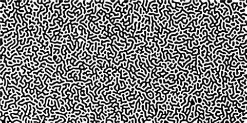 Abstract Turing organic wallpaper background. Turing reaction diffusion monochrome seamless pattern with chaotic motion. Organic lines in Memphis. Linear design with biological shapes.