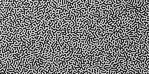 Abstract Turing organic wallpaper background. Turing reaction diffusion monochrome seamless pattern with chaotic motion. Organic lines in Memphis. Linear design with biological shapes.