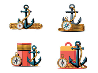 Nautical Anchor, Rope, and Compass Vector Set – Maritime Navigation Icons, PNG