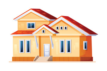 Cozy family house with a red roof and yellow walls, featuring a welcoming entrance. Vector cartoon illustration