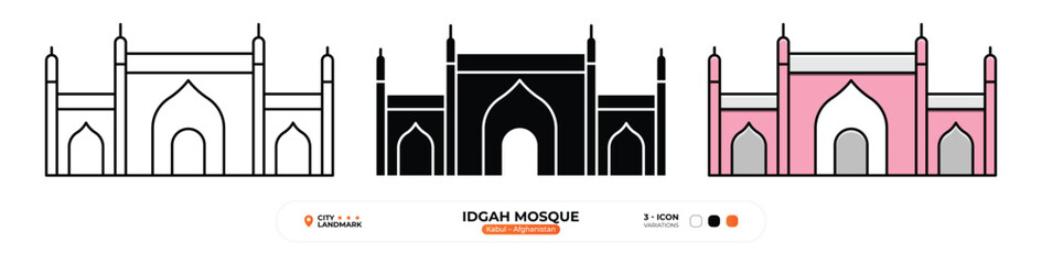 Idgah Mosque, Line Icon. Kabul, Afghanistan, Landmark, Silhouette, Color Vector, Editable Stroke.