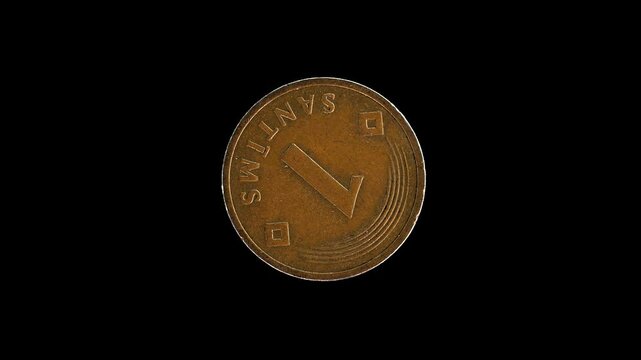 Latvia 1992 1 santims coin reverse with denomination, semicircular arcs and diamond suns rotating on black background