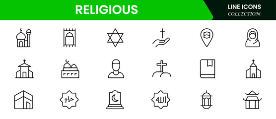 Sacred vector web line icons depicting religious symbols, faith, worship, spirituality, and diverse cultural beliefs with reverence and unity.