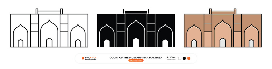 Court of the Mustansiriya Madrasa Line Icon. Baghdad, Iraq, Landmark, Silhouette, Color Vector, Editable Stroke.