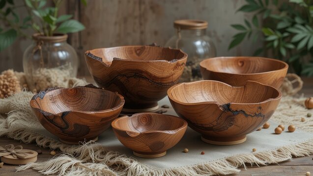 Elegant Wooden Bowls Set for Kitchen and Decor