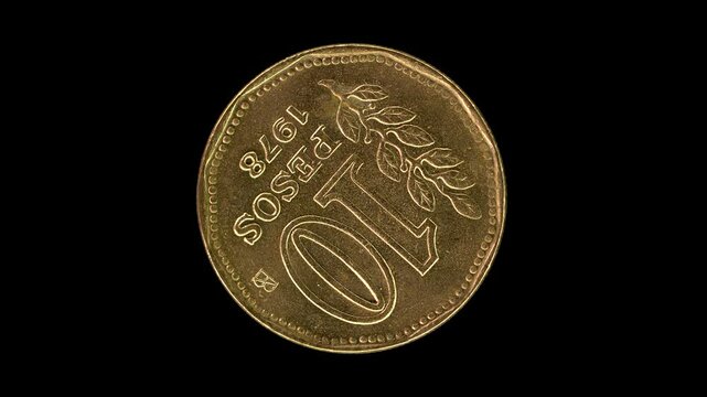 Argentina 1978 10 pesos coin reverse showing olive branch and value rotating on black background