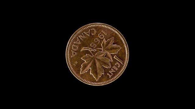 Canada 1965 1 cent coin reverse with maple leaves, denomination and date rotating on black background