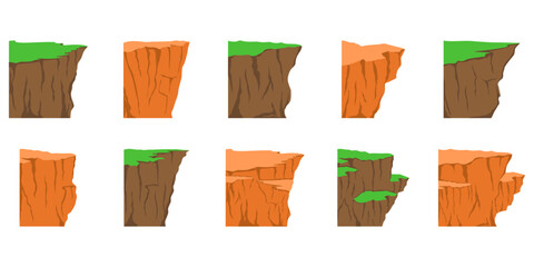 Natural cliff landscape illustration. Mountains, rocks, cliffs, stones for colorful panoramic scenery. Vector isolated.