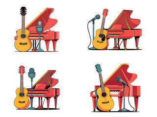 Musician Equipment Vector – Guitar, Piano, Microphone, and Music Instruments Set