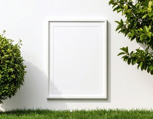 White Frame Mockup on Wall with Greenery and Grass in Outdoor Setting
