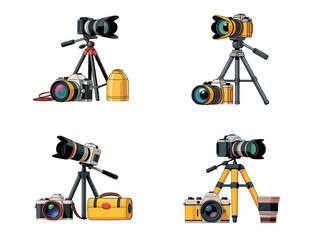 Photographer Equipment Vector – Camera, Lens, Tripod, and Photography Tools Set