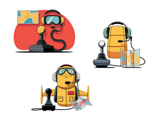 Pilot Equipment Vector – Joystick, Headset, Map, and Aviation Tools Set