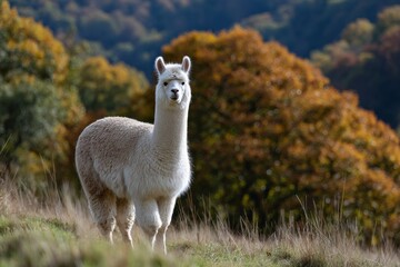 Fototapeta premium Majestic alpaca grazing in autumnal landscape with colorful trees and rolling hills