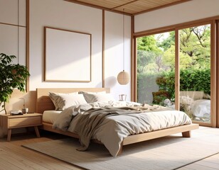 Zen bedroom with garden view natural light wooden accents and minimalist design