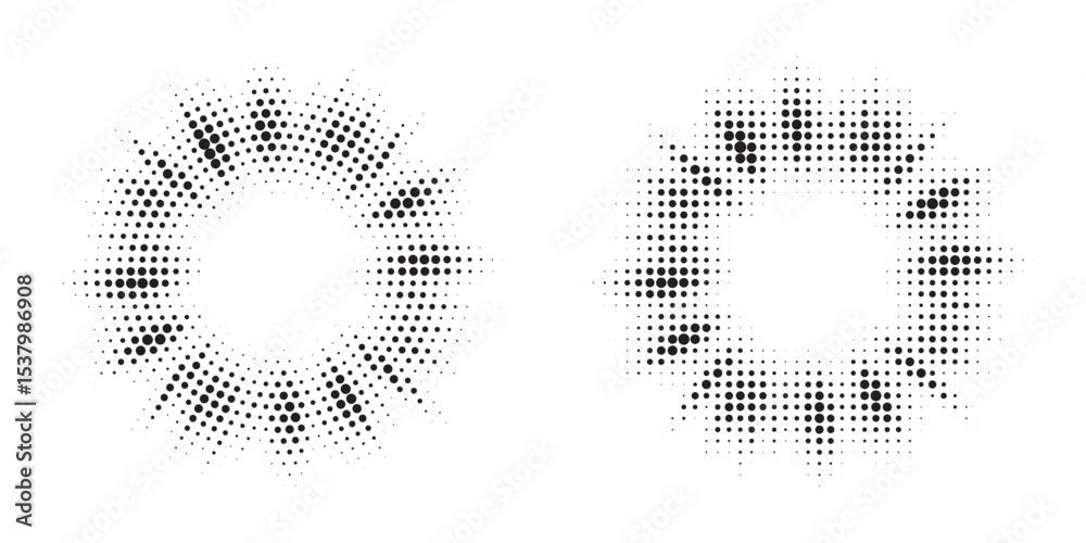 Aufkleber Halftone circle frame background set. Round border Icon using halftone random circle. Grunge circular stain. Vector illustration.