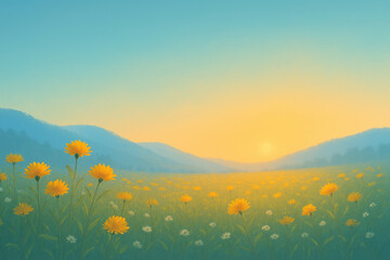 Sunset over field of yellow flowers with distant blue mountains and clear sky