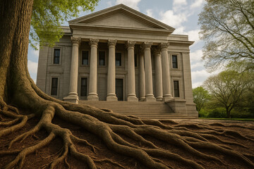 Ancient tree roots sprawling in front of classical stone building with columns under cloudy sky