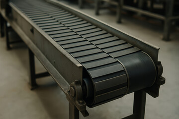 Industrial conveyor belt in factory with metal frame and black rubber surface