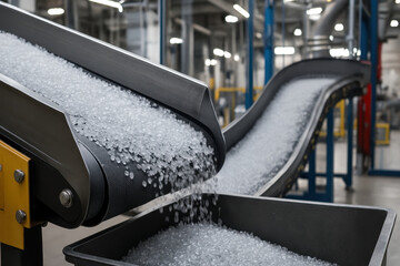 Plastic pellets on conveyor belt in factory producing raw material for manufacturing