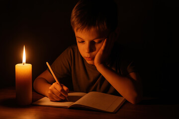 Boy writing notebook by candlelight, focused and calm in dark room