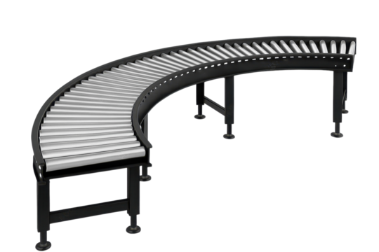Curved metal roller conveyor for smooth industrial material handling