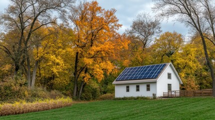 Obraz premium White house with solar panels in a park in autumn.