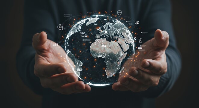 Globe in hands with digital network