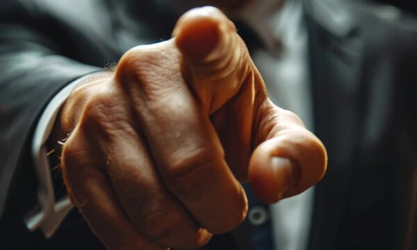 A hand pointing directly at the viewer