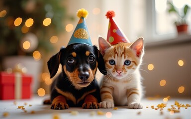 Adorable Dachshund Puppy and Kitten Celebrate Birthday Together Festive Party Animals. High quality
