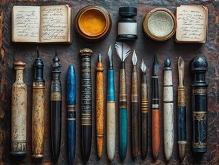 A Collection of Vintage Calligraphy Tools: Inkwells, Quill Pens, and Antique Notebooks, Evoking Nostalgia and the Art of Beautiful Writing.