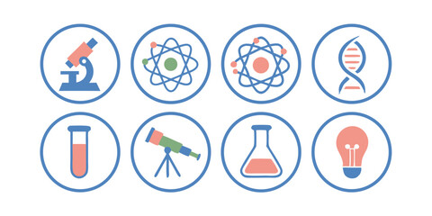 Science Icons Set Chemistry Biology Physics Astronomy Innovation and Discovery Microscope Telescope DNA Atom