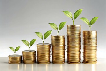 Green plant growth symbolizes financial success and investment growth from a stack of golden coins