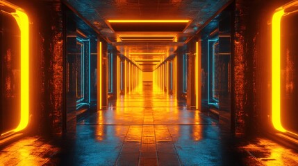 Fototapeta premium Neon-lit corridor in a futuristic, subterranean space.