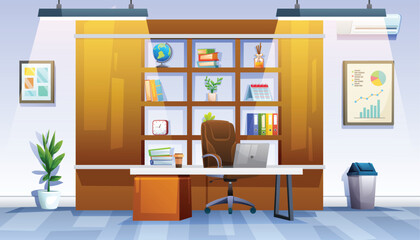 Professional office interior with a desk, laptop, ergonomic chair, and a large bookshelf, ideal for business. Vector cartoon illustration