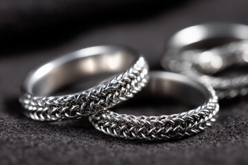 Fototapeta premium Close-up of intricate silver chain rings on dark fabric background