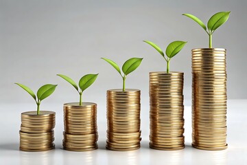 Green plant growth symbolizes financial success and investment growth from a stack of golden coins