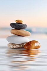 Stack of smooth stones on serene beach at sunset