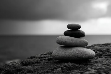 Balanced stone cairn on rocky shoreline with dark cloudy sky
