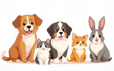 Adorable Cartoon Pets Cats, Dogs, and Bunnies Illustration. High quality