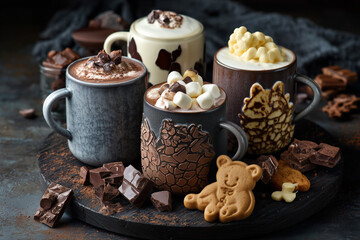  Assorted Hot Chocolates in Decorative Mugs with Marshmallows and Cookies