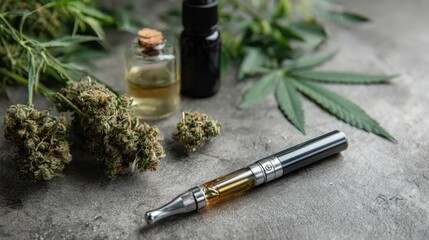 An overhead shot showcases cannabis buds, leaves, oil bottles, and a vape pen on a textured gray surface, suggesting alternative medicine and wellness practices.