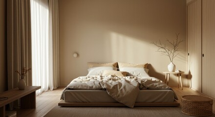 Beige minimalist bedroom interior