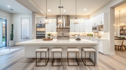 Modern luxury kitchen with a sleek white island, bar stools, and oversized pendant lighting