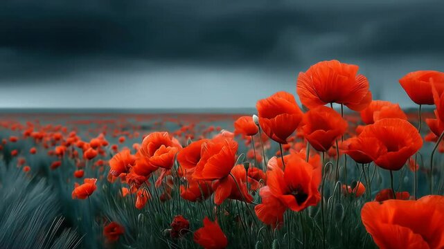 Red Poppies with Stormy Sky, and Field.