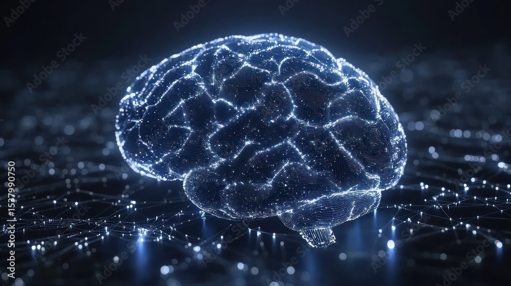 Poster digital representation of a brain illuminated with glowing connections and neural pathways