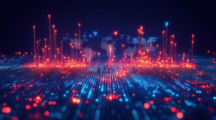 Visualization of digital world map with glowing data points at night