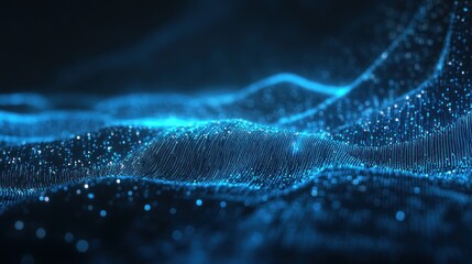 Glowing blue waves create a mesmerizing digital landscape in a dark setting