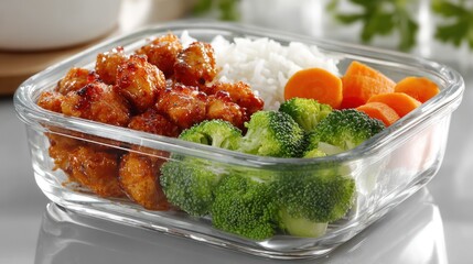 Delicious meal with chicken rice and fresh vegetables in a glass container