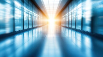 Bright light filtering through a modern hallway with large glass windows at sunrise