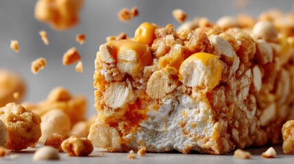 Delicious popcorn snack bar with caramel drizzle and crunchy texture displayed on a gray background